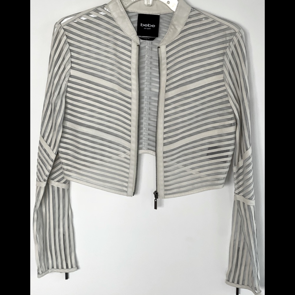 Bebe laser cut white leather jacket